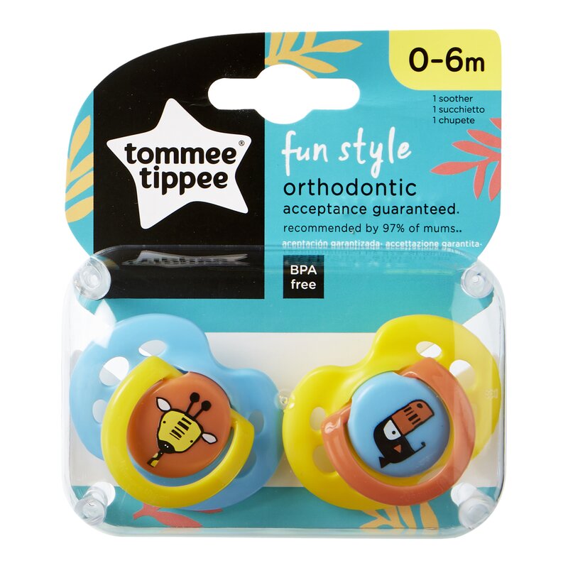 Tommee Tippee - Set suzete ortodontice de zi Fun, 0-6 luni, 2 buc, Girafa/Pasare