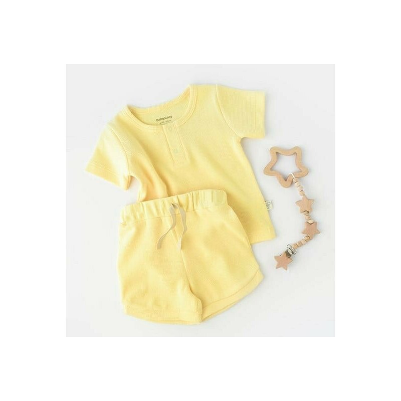 Set tricou cu pantaloni scurti - 100% bumbac organic - Galben, BabyCosy (Marime: 12-18 Luni)