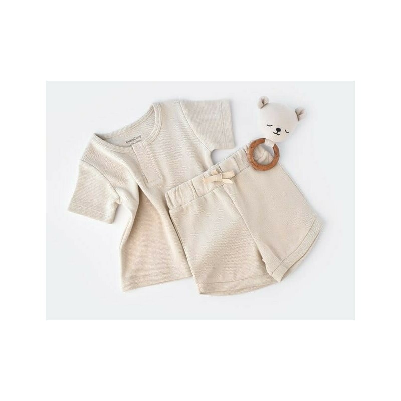 Set tricou cu pantaloni scurti - 100% bumbac organic - Stone, BabyCosy (Marime: 3-6 Luni)