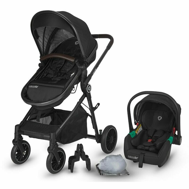 Carucior 3 in 1, Coccolle, Ago, Pana la 22 kg, Pliabil, De la nastere, Cu accesorii, Modular, Transformabil, Copertina XXL, Diamond black