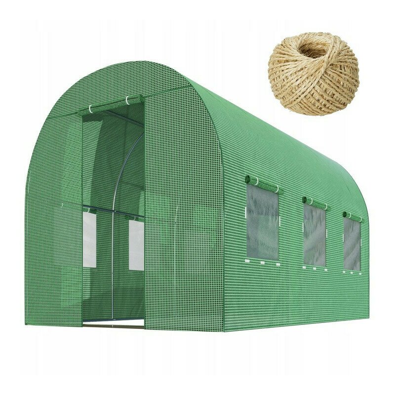 Solar de gradina, tip tunel, 7mp, 350 cm x 200 cm x 200 cm, folie PE 140g/m² cu filtru UV4, 6 ferestre, snur 100 m, Plonos, Verde