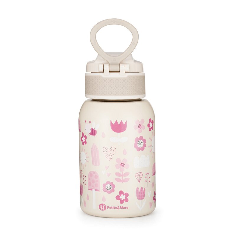 Sticla termos lichide, Petite&Mars, Twinkling Fairy, Din otel inoxidabil, Cu mentinere de temperatura calda pana la 12 h, Rece pana la 24 h, 350 ml, Fara BPA, Cu maner de transport, 12 luni+, Bej/Roz