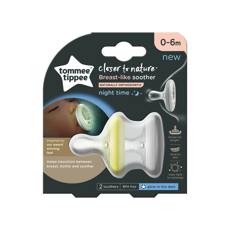 Tommee tippee - set suzete breast like soother , closer to nature , 0-6 luni, 2 buc, de noapte din silicon, alb/galben