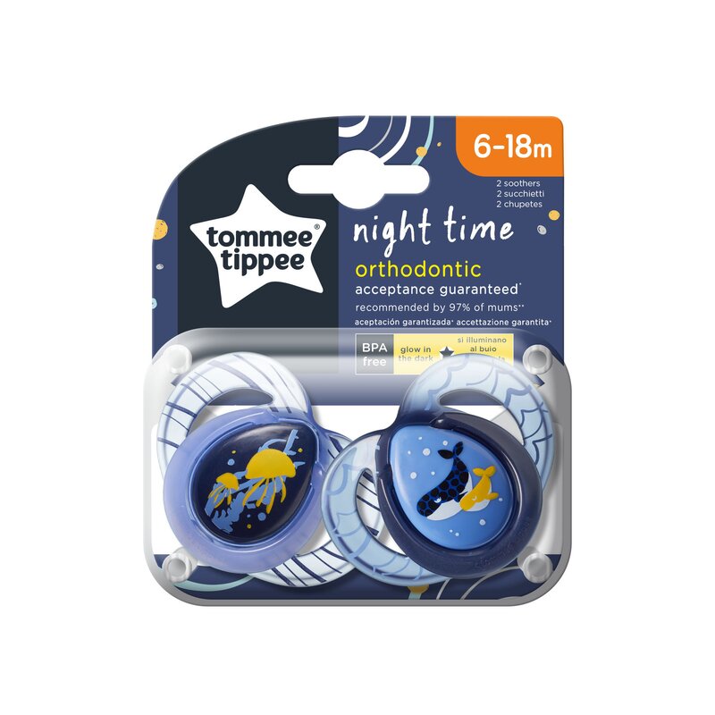 Tommee tippee - set suzete meduze/balenute 6-18 luni, 2 buc, ortodontice, de noapte din silicon