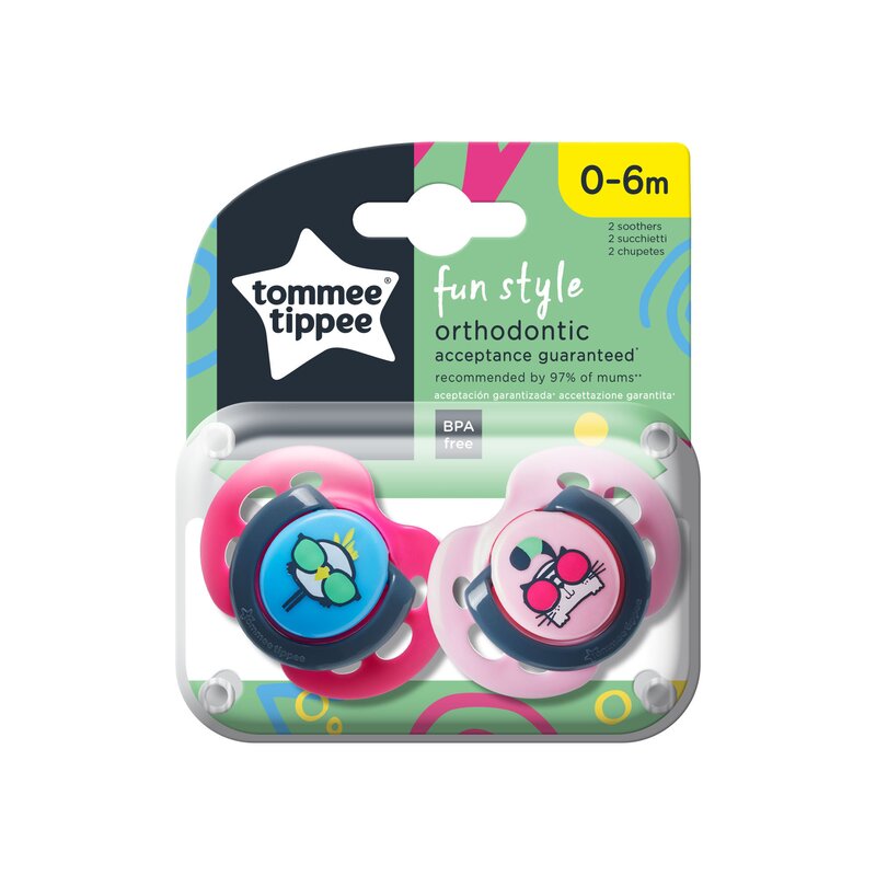 Tommee Tippee - Set suzete Pui si Pisica 0-6 luni, 2 buc, Ortodontice, De zi din Silicon