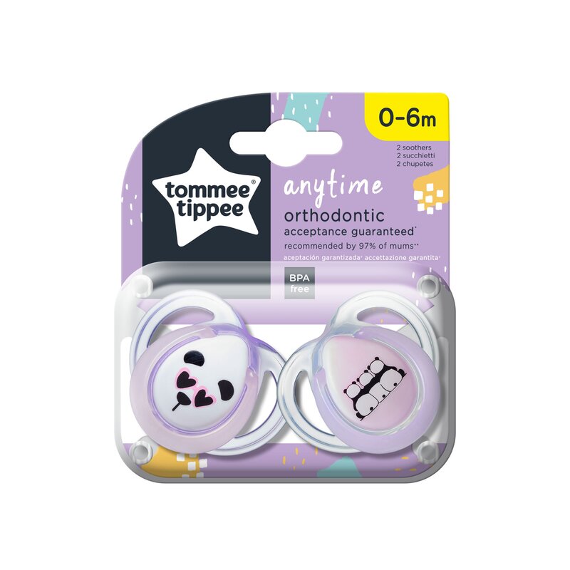 Tommee Tippee - Set suzete Ursuleti Panda 0-6 luni, 2 buc, Ortodontice, Anytime din Silicon, Alb/Roz