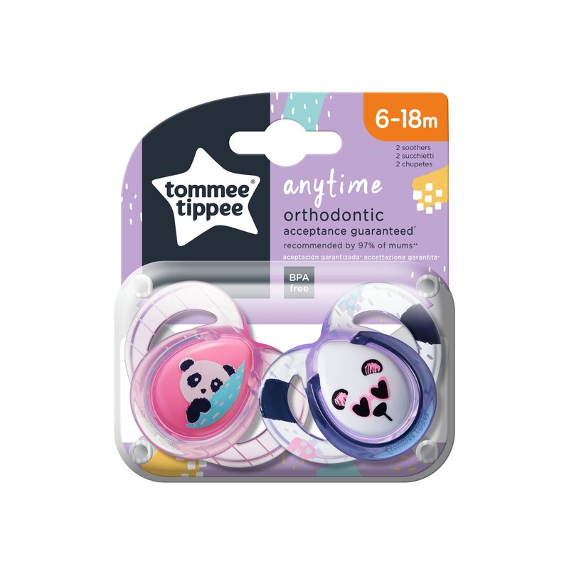 Tommee tippee - set suzete ursuleti panda 6-18 luni, 2 buc, ortodontice, anytime din silicon, alb/roz