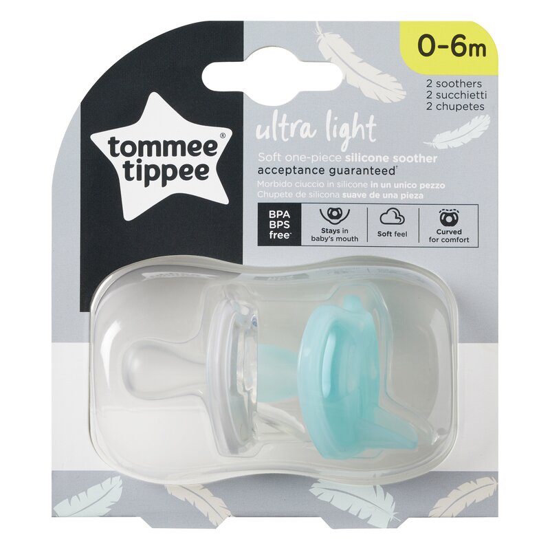 Tommee tippee - suzeta ortodontica usoara, 2 buc, 0-6 luni, transparent/turquoise