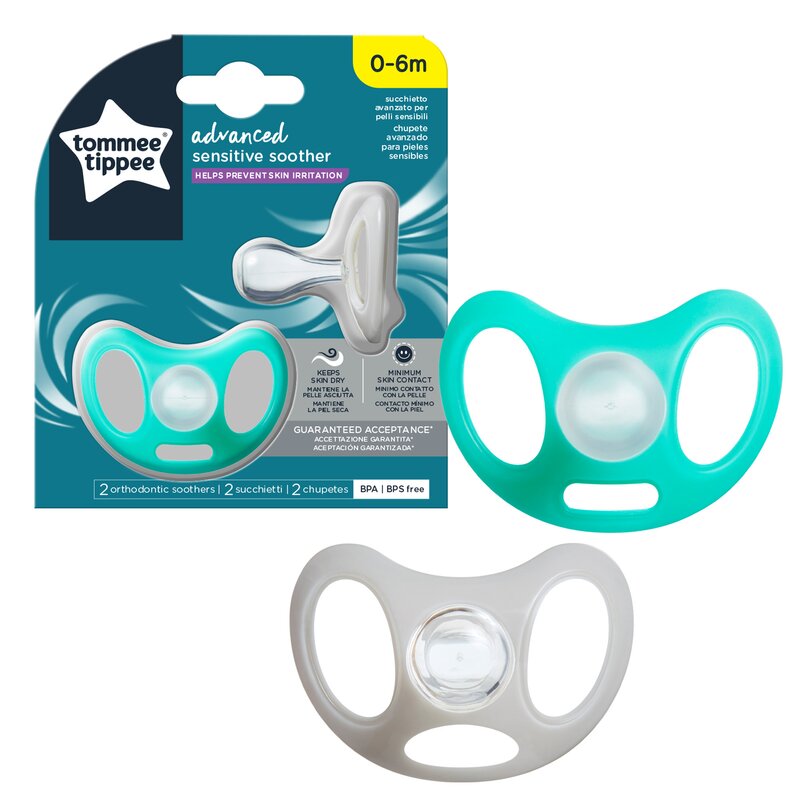 Tommee tippee - set suzete sensitive , 0-6 luni, 2 buc din silicon, alb/turcoaz