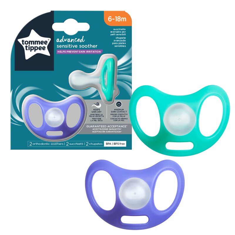 Tommee tippee - set suzete sensitive , 6-18 luni, 2 buc din silicon, alb/turcoaz