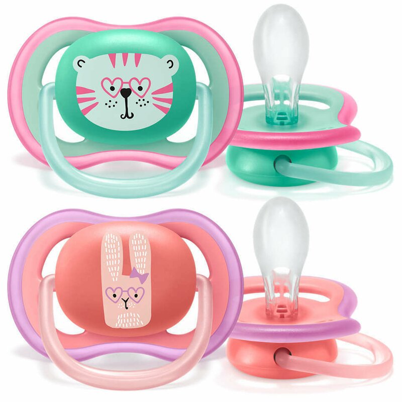 Philips avent - set suzete , ultra air , 2 buc, 18 luni+ din silicon, roz/verde