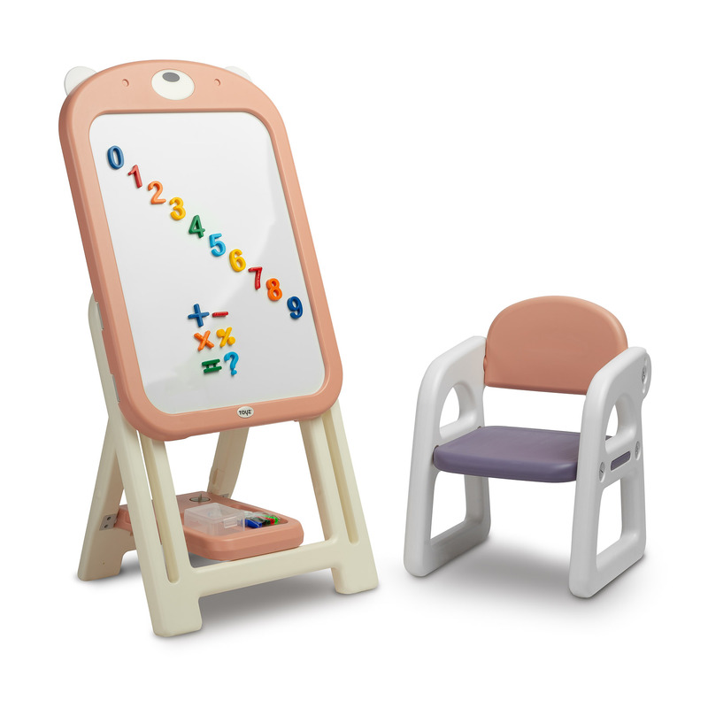Tabla educationala cu scaunel, Toyz, Ted, Include magneti si markere, Inaltime reglabila, 50x44x68-100 cm, 3 ani+, Roz