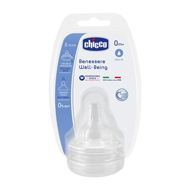 Chicco - tetina silicon physiologic, 2buc, flux normal, sistem avansat anticolici, 0luni+