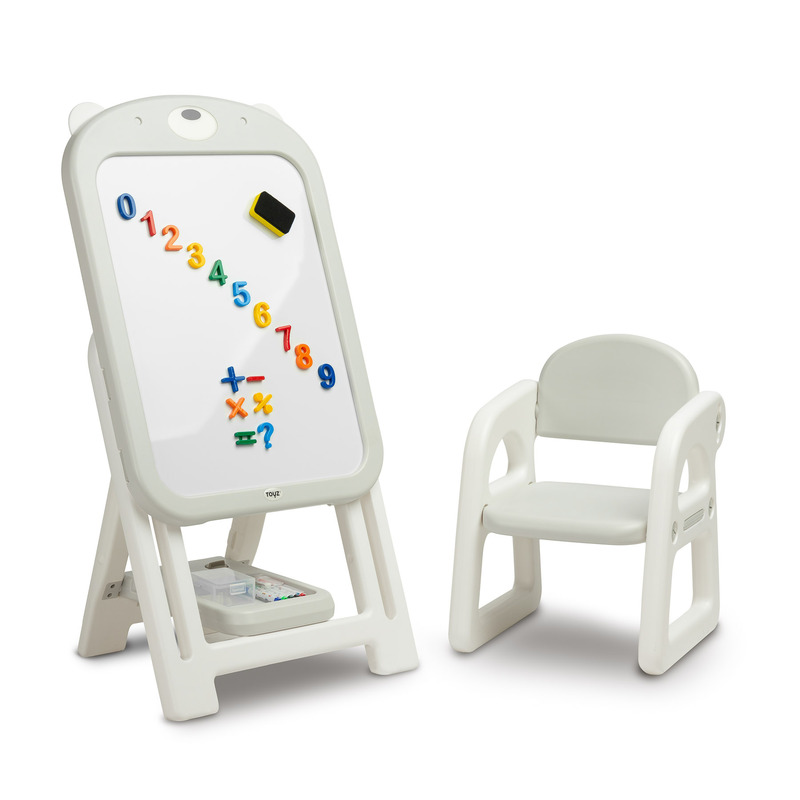 Tabla educationala cu scaunel, Toyz, Ted, Include magneti si markere, Inaltime reglabila, 50x44x68-100 cm, 3 ani+, Gri