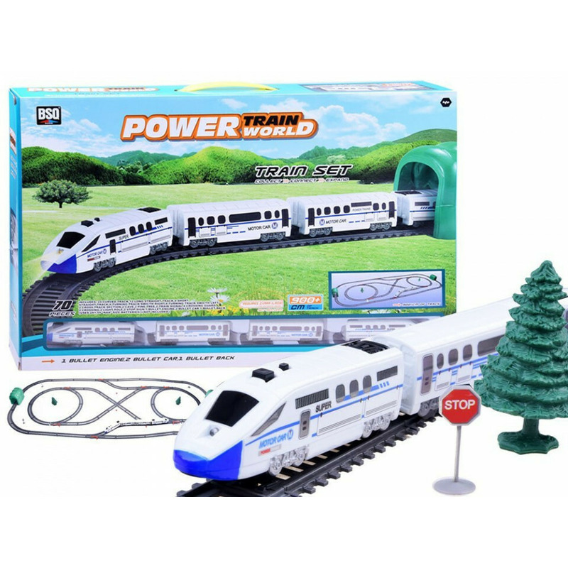 Tren electric cu 3 vagoane de pasageri, lungimea liniei 900 cm, cu lumini, dispozitiv comutare sina, accesorii pentru decor, Alb