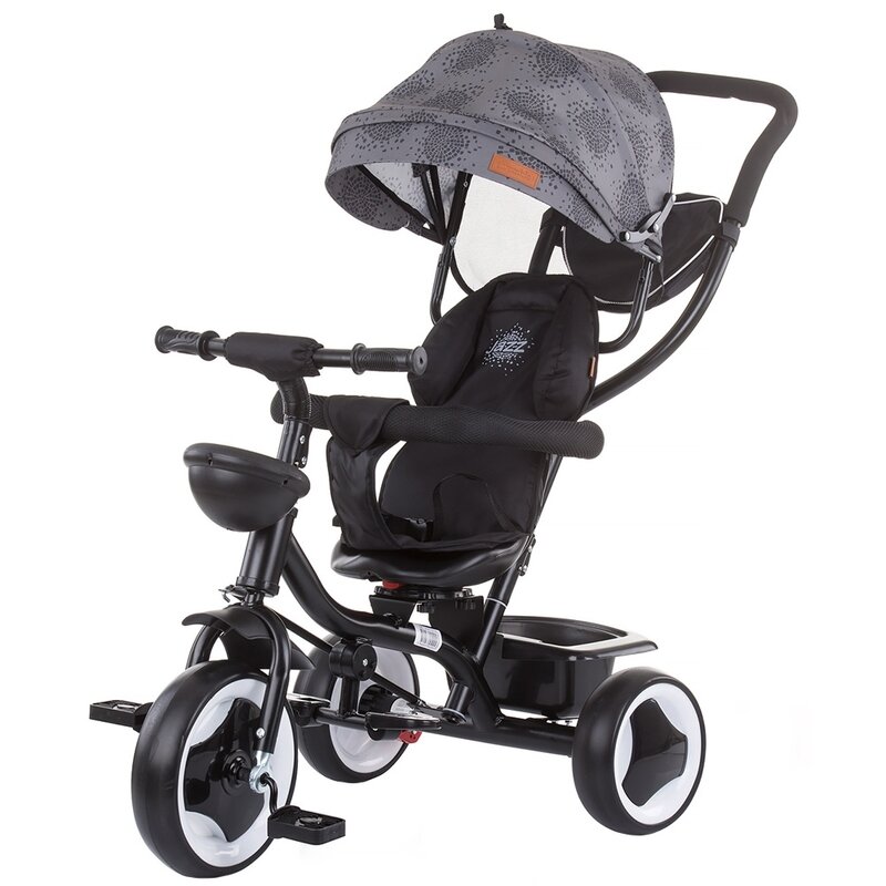 Chipolino - tricicleta jazz mecanism de pedalare libera, suport picioare, control al directiei, rotire 360 grade, transformabila asphalt, gri/negru