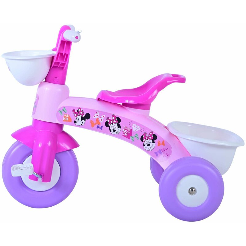 Tricicleta copii, Volare, Minnie Mouse, Cu mecanism de pedalare libera, Cu 2 cosulele, Pana in 25 kg, 1-3 ani, Roz/Violet