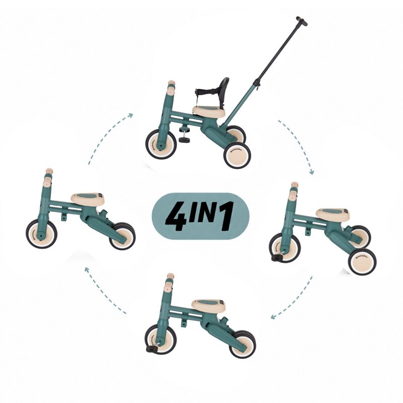 Tricicleta multifunctionala, Petite&Mars, Drift, 4 in 1, Vehicul de impins, Bicicleta, Cu maner detasabil si reglabil, Sezut ergonomic, Roti din cauciuc, Pana la 25 kg, 1.5-5 ani, Misty Green