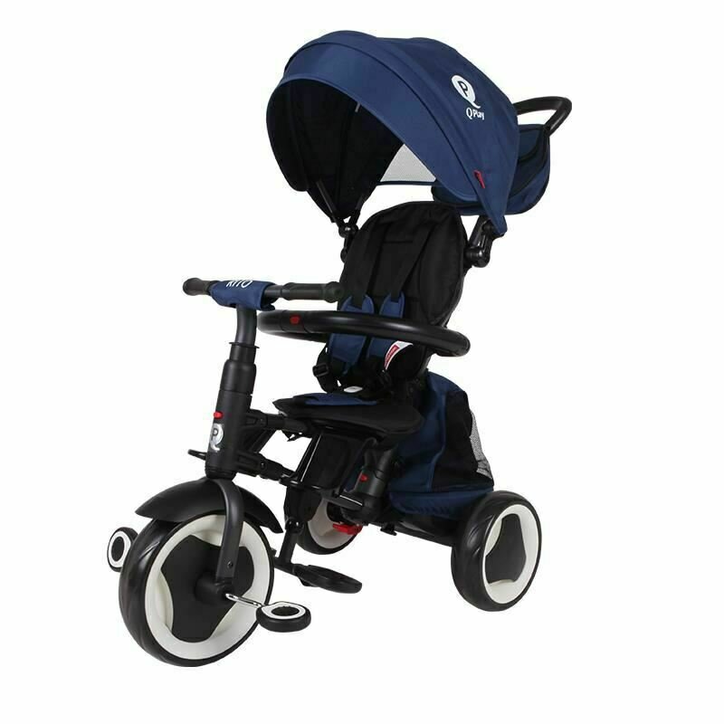 Qplay - tricicleta rito+ mecanism de pedalare libera, suport picioare, control al directiei, pliabila, albastru