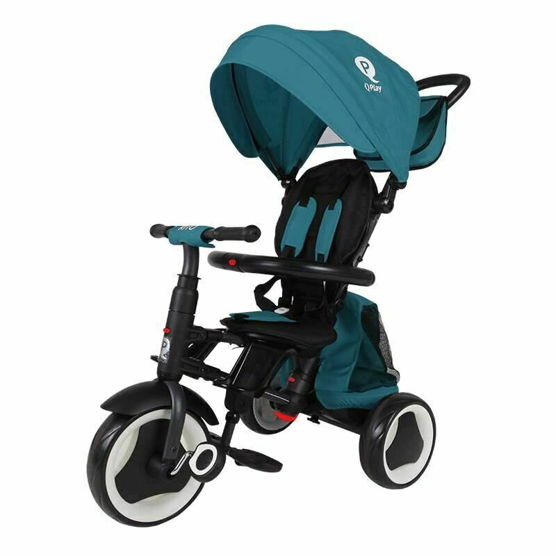 Qplay - tricicleta rito+ mecanism de pedalare libera, suport picioare, control al directiei, pliabila, turcoaz