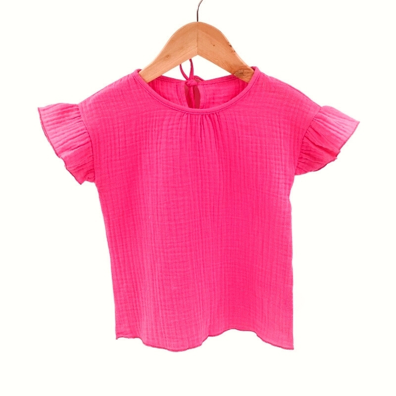 Tricou cu volanase la maneci pentru copii, din muselina, Pink Pop, 2-3 ani