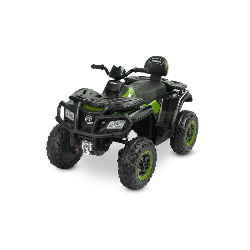 Vehicul electric ride-on, Toyz, Quad Rush, Tractiune pe 4 roti, Cu motoare de 80W, Cu lumini LED, Panou multimedia cu port USB, radio, Bluetooth si melodii, Cu 2 viteze si frana automata, Functionare pe baterii, 3-8 ani, Verde