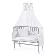 Set Patut, Waldin, Bedside 2in1 Gri, 90 cm x 55 cm, laterala detasabila, co-sleeping, cu Saltea + Aparatoare alba cu stelute gri+ Baldachin