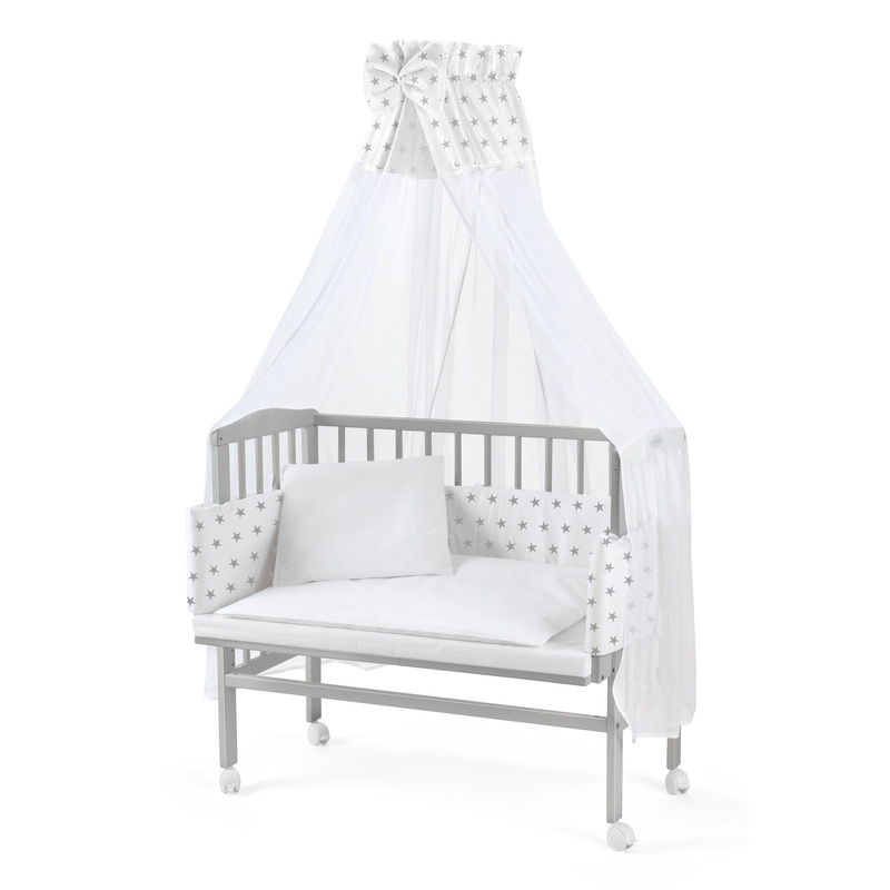 Set Patut, Waldin, Bedside 2in1 Gri, 90 cm x 55 cm, laterala detasabila, co-sleeping, cu Saltea + Aparatoare alba cu stelute gri+ Baldachin