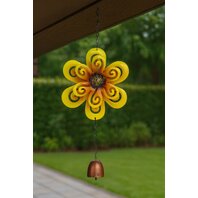 Decoratiune Clopotel de vant cu Floare, metal, 28x15x4 cm, galben