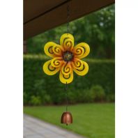Decoratiune Clopotel de vant cu Floare, metal, 28x15x4 cm, galben