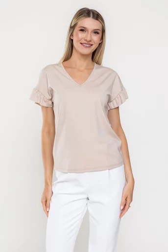 Bluză Caramel casual din jerse cu volan la manecă bej B4520