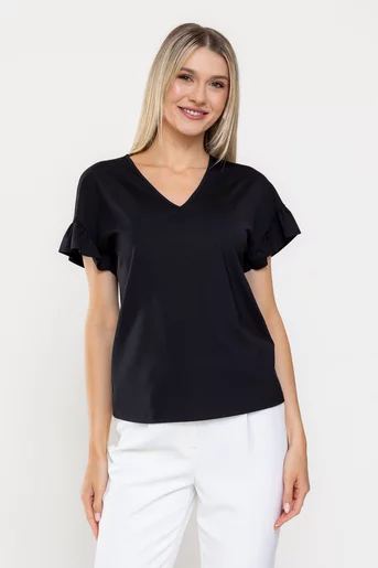 Bluza Caramel casual din jerse cu volan la manecă neagră B4520