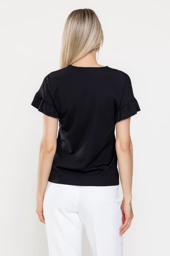 Bluza Caramel casual din jerse cu volan la manecă neagră B4520