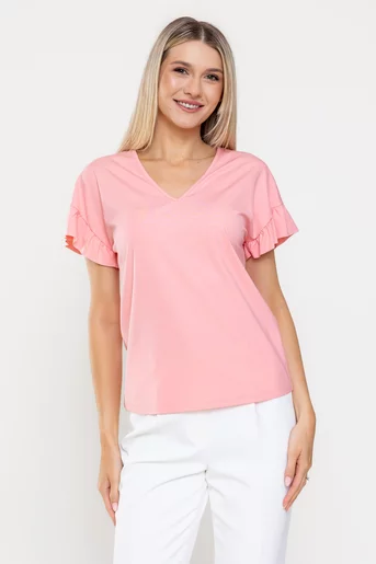 Bluza Caramel casual din jerse cu volan la manecă piersică B4520