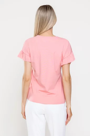 Bluza Caramel casual din jerse cu volan la manecă piersică B4520