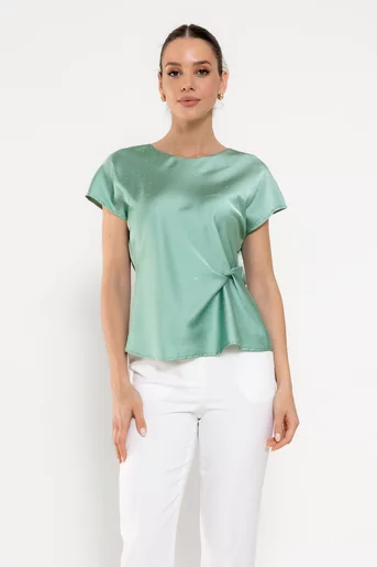 Bluză Caramel cu nod în talie și strasuri verde B4508