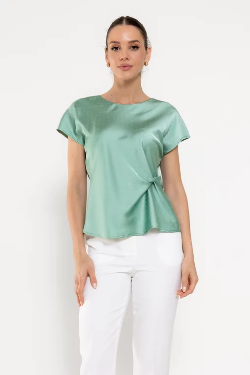Bluză Caramel cu nod în talie și strasuri verde B4508 picture - 1
