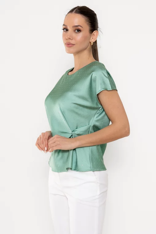 Bluză Caramel cu nod în talie și strasuri verde B4508 picture - 4