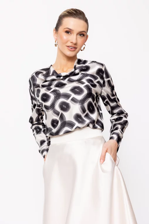 Bluză Caramel elegantă din satin cu guler căzut alb-negru B4512 picture - 1
