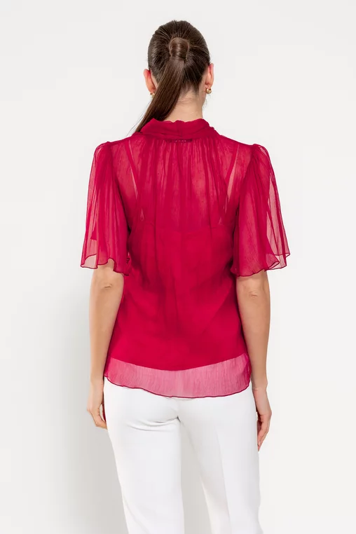 Bluză Caramel mătase naturală cu fundă și mâneca clopot fucsia B4517 picture - 2
