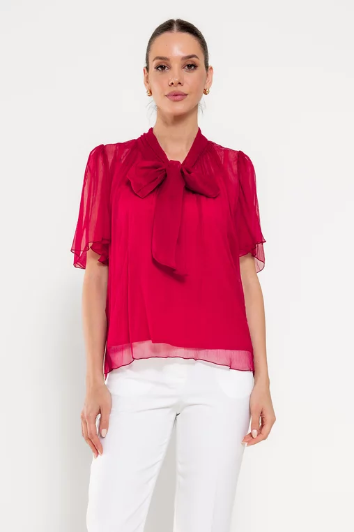Bluză Caramel mătase naturală cu fundă și mâneca clopot fucsia B4517 picture - 1