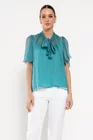 Bluză Caramel mătase naturală cu fundă și mâneca clopot turcoaz B4517 thumbnail picture - 