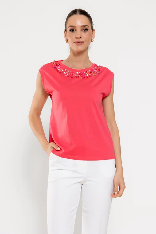 Bluză casual din bumbac cu paiete fucsia BROS0306 picture - 1