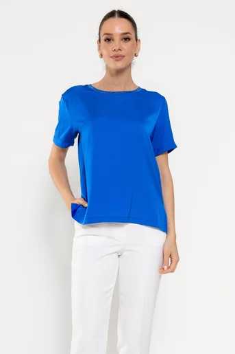 Bluză casual vâscoză satinată albastră BROS0308