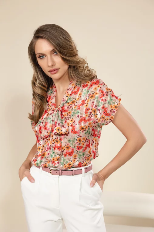Bluză din voal caramel cu eșarfă și imprimeu floral multicolor B4516 picture - 2