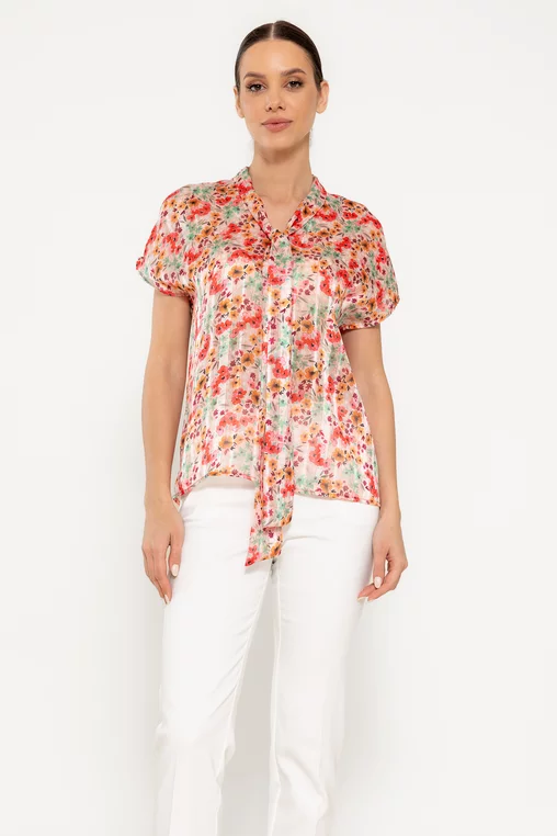 Bluză din voal caramel cu eșarfă și imprimeu floral multicolor B4516 picture - 5
