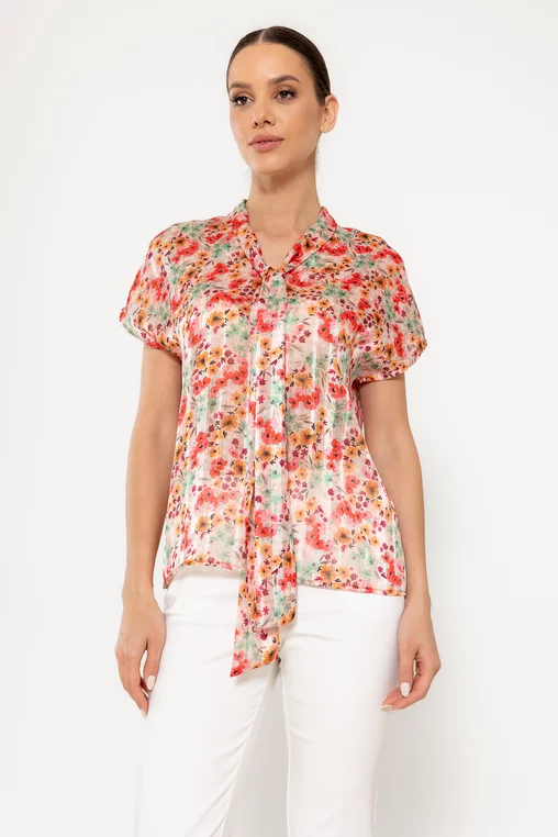 Bluză din voal caramel cu eșarfă și imprimeu floral multicolor B4516 picture - 6