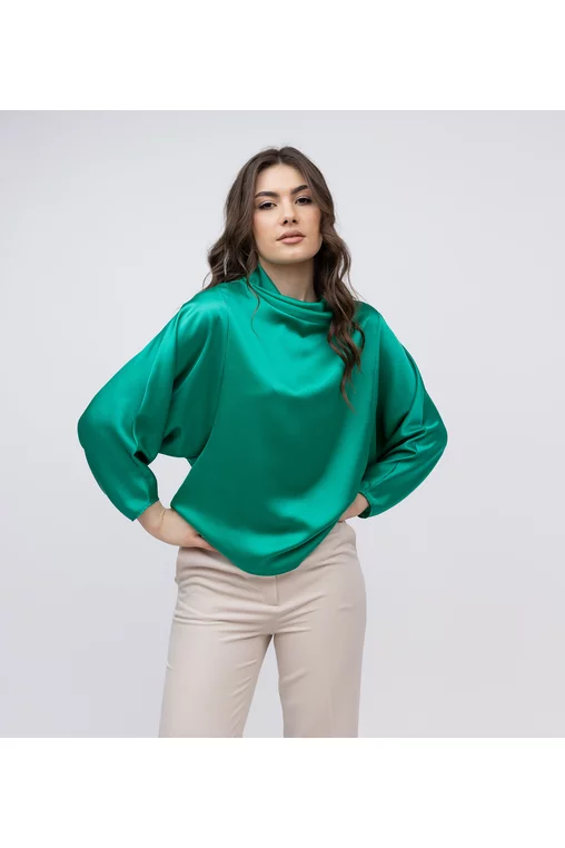 Bluza eleganta din satin cu guler cazut verde B4410 big picture - 