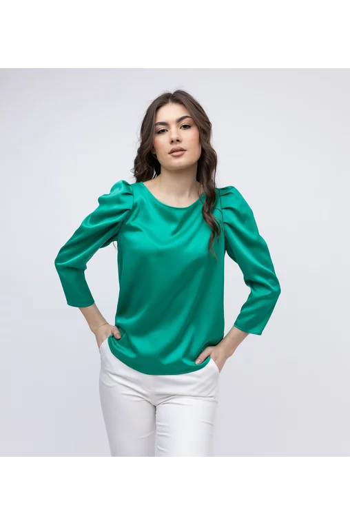 Bluza eleganta din satin cu pliuri la maneca verde B4406 picture - 6