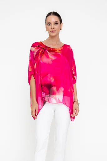 Bluză mătase în colturi imprimeu floral fucsia  BGI0503